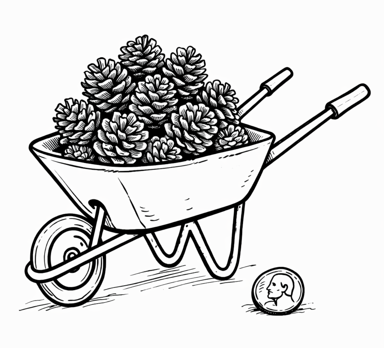 A black-and-white line drawing of a wheelbarrow overflowing with pinecones, positioned next to a single coin.