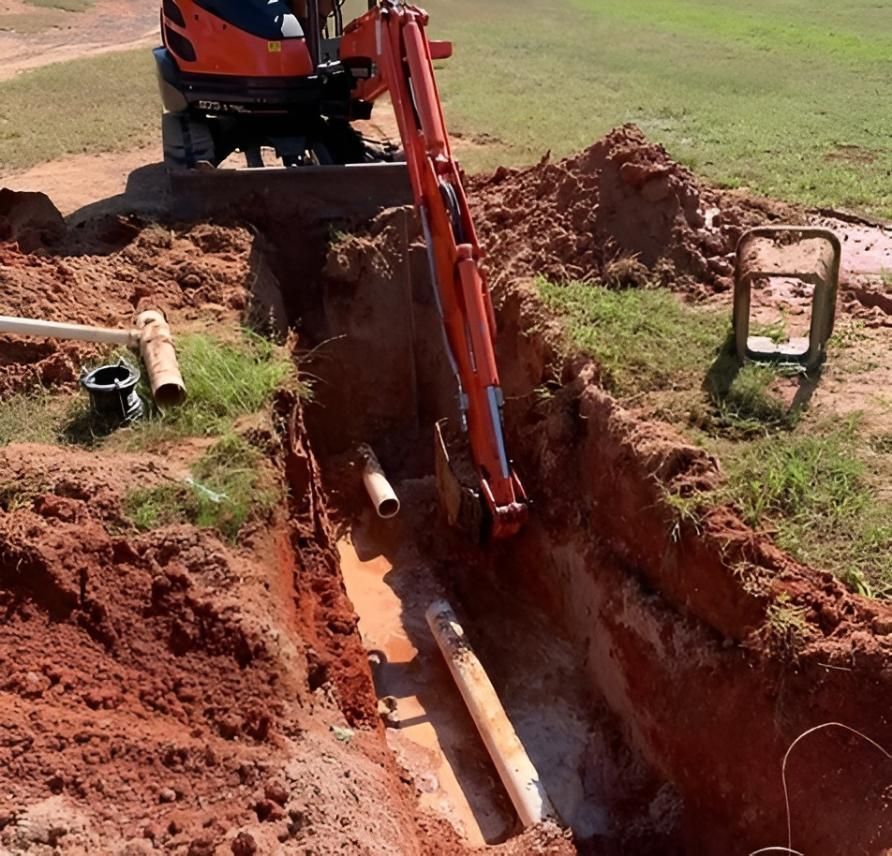 Orange Excavator Digs a Trench Next to a Pipe — iWater NT Pty Ltd in Yarrawonga, NT