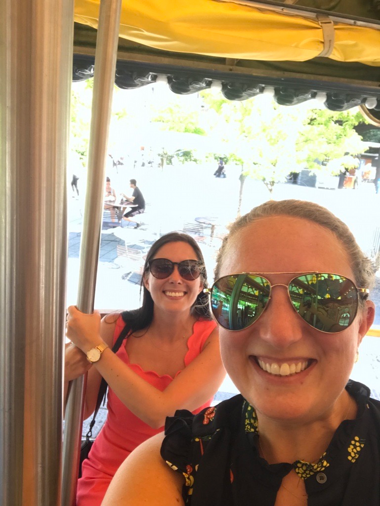 Two women wearing sunglasses are taking a selfie on a carousel.