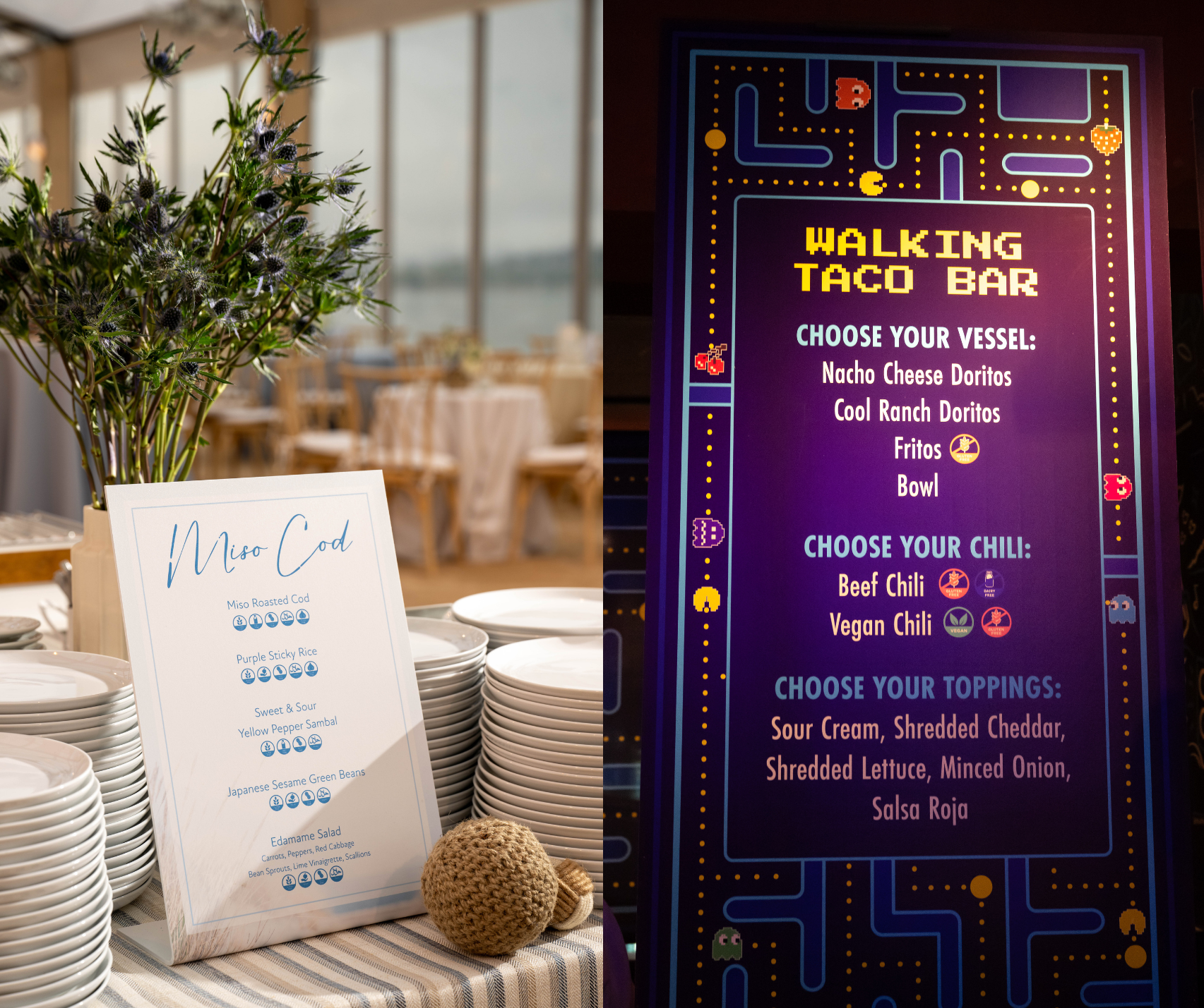 Wedding reception table with menu card, eucalyptus, and purple neon-style “Walking Taco” sign