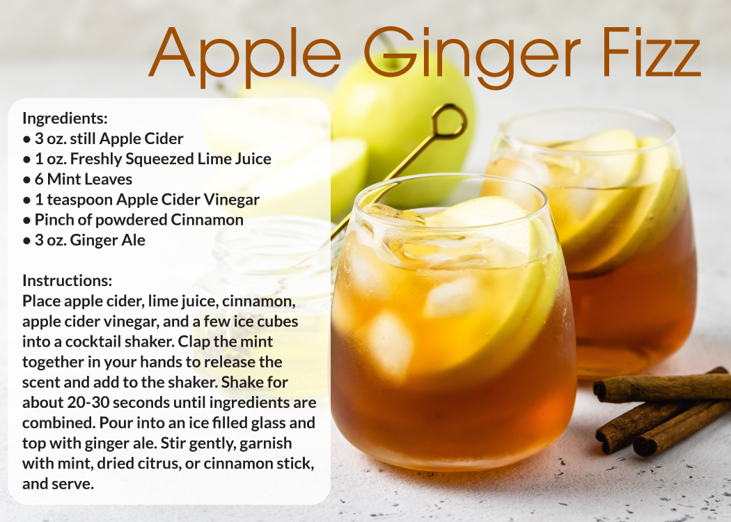 Two glasses of apple ginger fizz with ice and cinnamon sticks