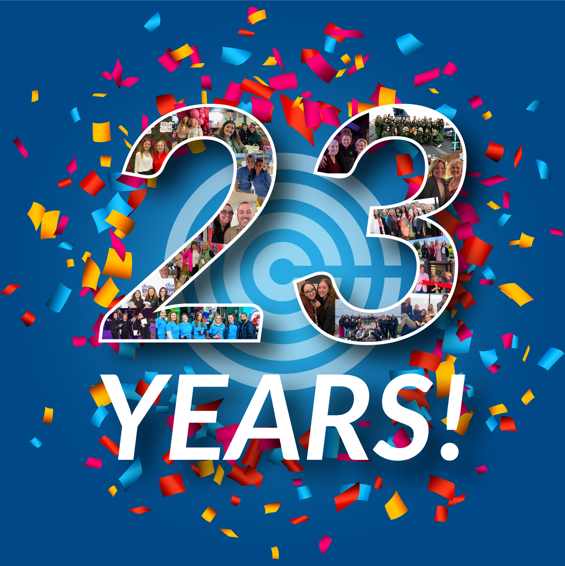 The number 23 is surrounded by confetti on a blue background.