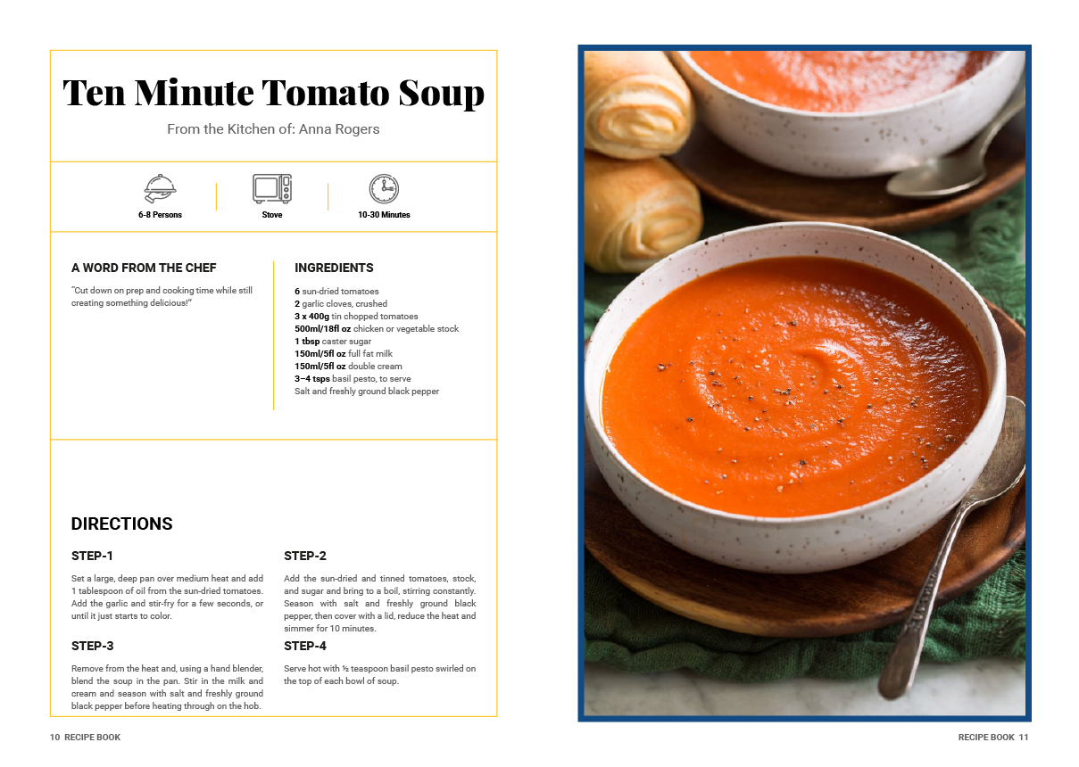 A recipe for a ten minute tomato soup with a picture of a bowl of soup.