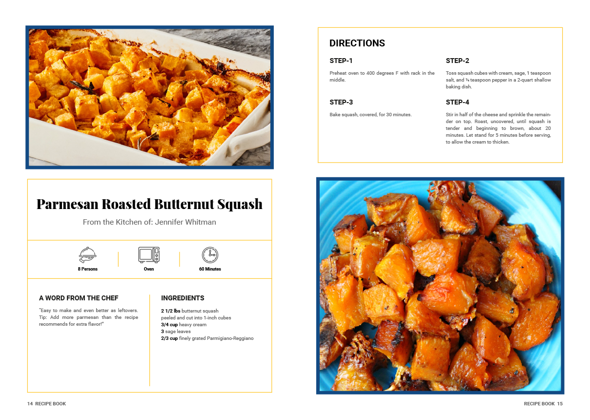 A recipe for parmesan roasted butternut squash with a picture of a casserole dish and a plate of squash.
