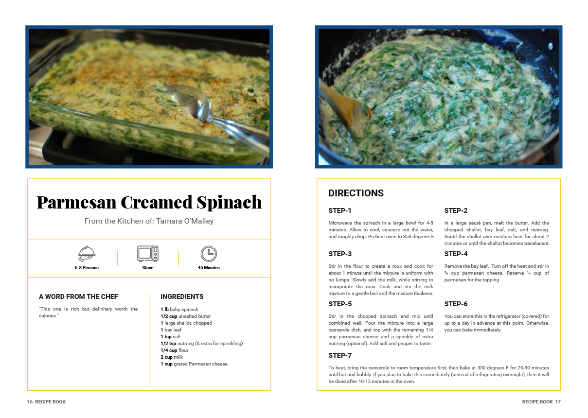 A recipe for parmesan creamed spinach with a picture of a casserole dish.