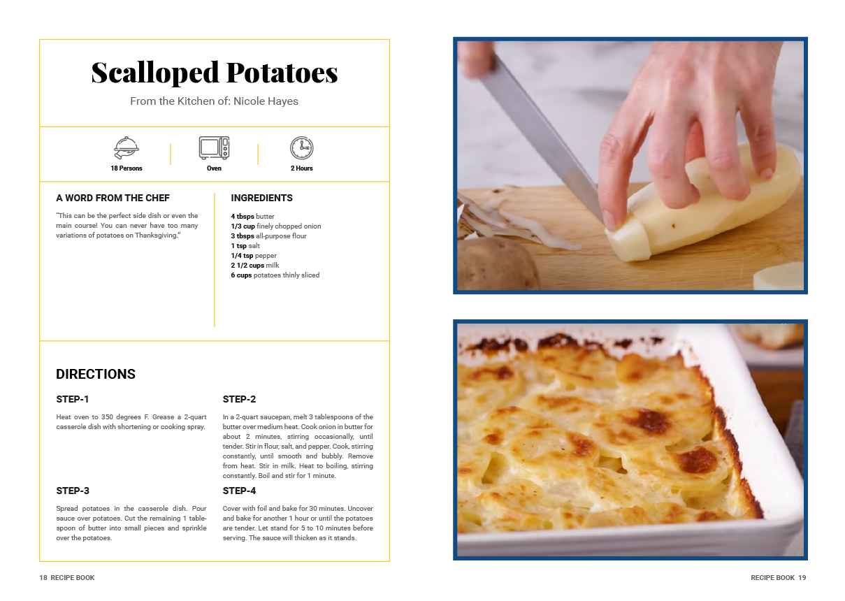 A recipe for scalloped potatoes with a picture of a person cutting potatoes.