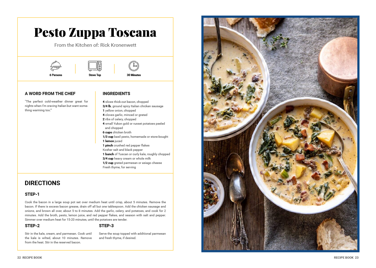 A recipe for pesto zuppa toscana soup with a picture of a bowl of soup.