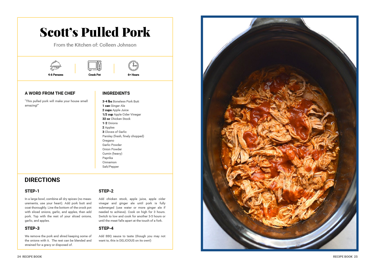A crock pot filled with pulled pork and a recipe for pulled pork.