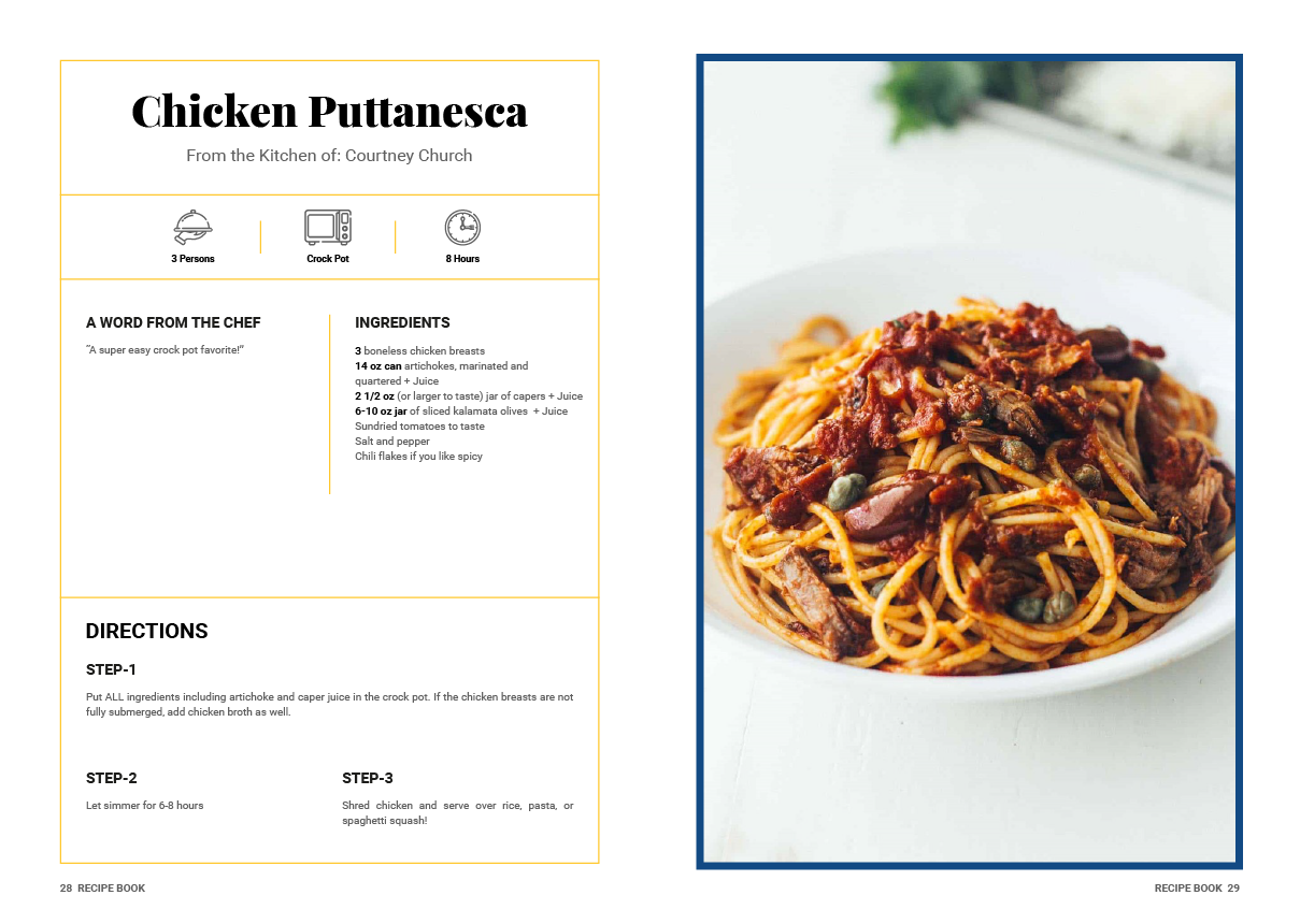 A recipe for chicken puttanesca with a picture of a plate of spaghetti.