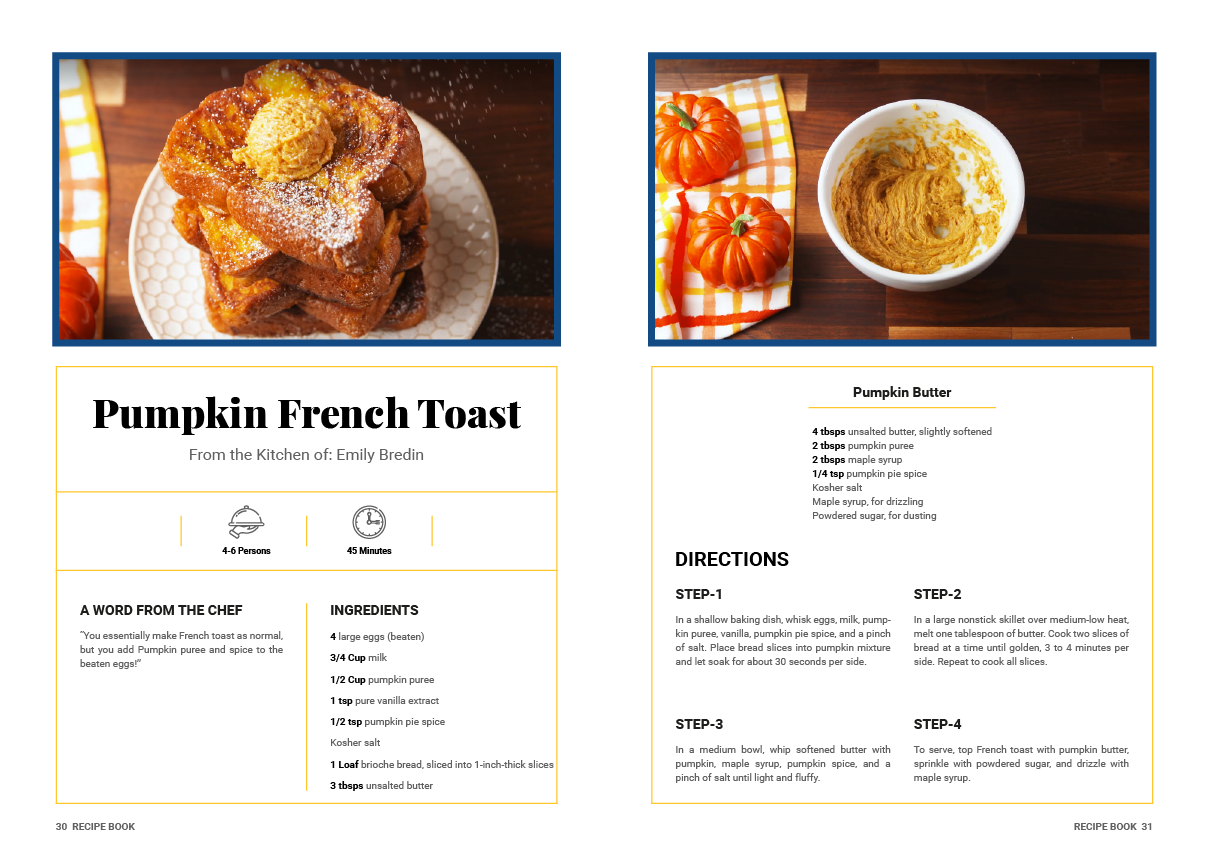 A recipe for pumpkin french toast with a picture of a plate of french toast.