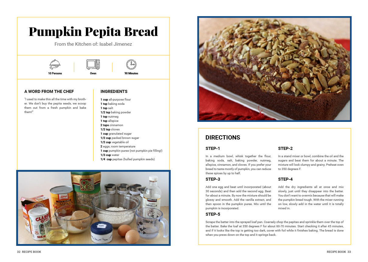A recipe for pumpkin pepita bread with ingredients and a picture of a loaf of bread.