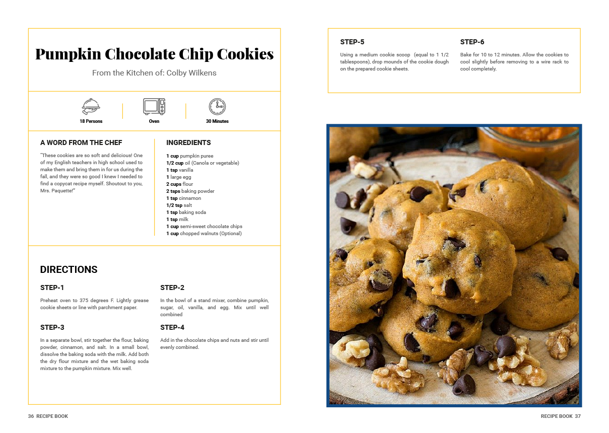 A recipe for pumpkin chocolate chip cookies with walnuts and chocolate chips.