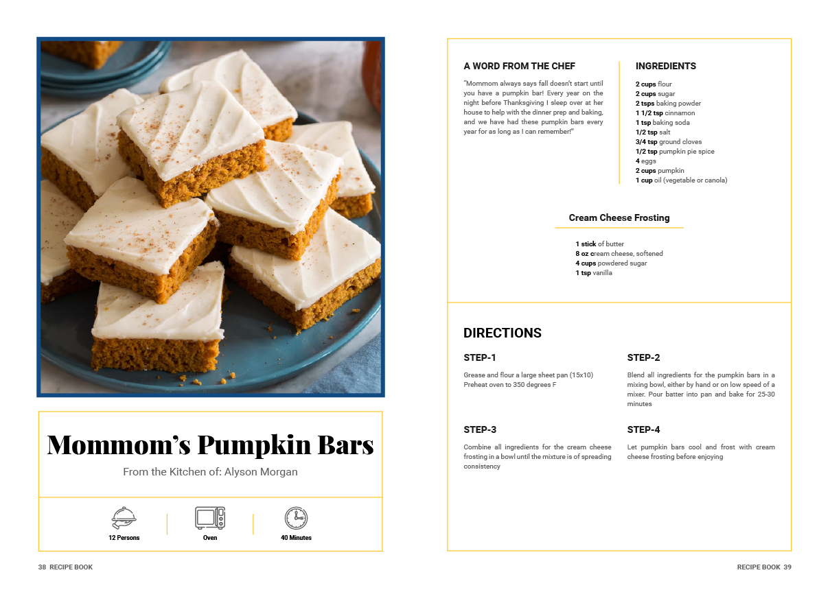 A recipe for mormon 's pumpkin bars with a picture of a plate of pumpkin bars.