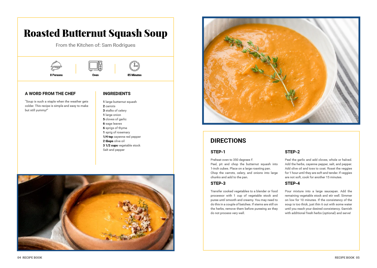 A recipe for roasted butternut squash soup with a picture of a bowl of soup.