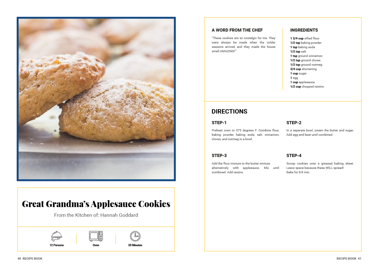 A recipe for great grandma 's applesauce cookies with a picture of cookies on a plate.