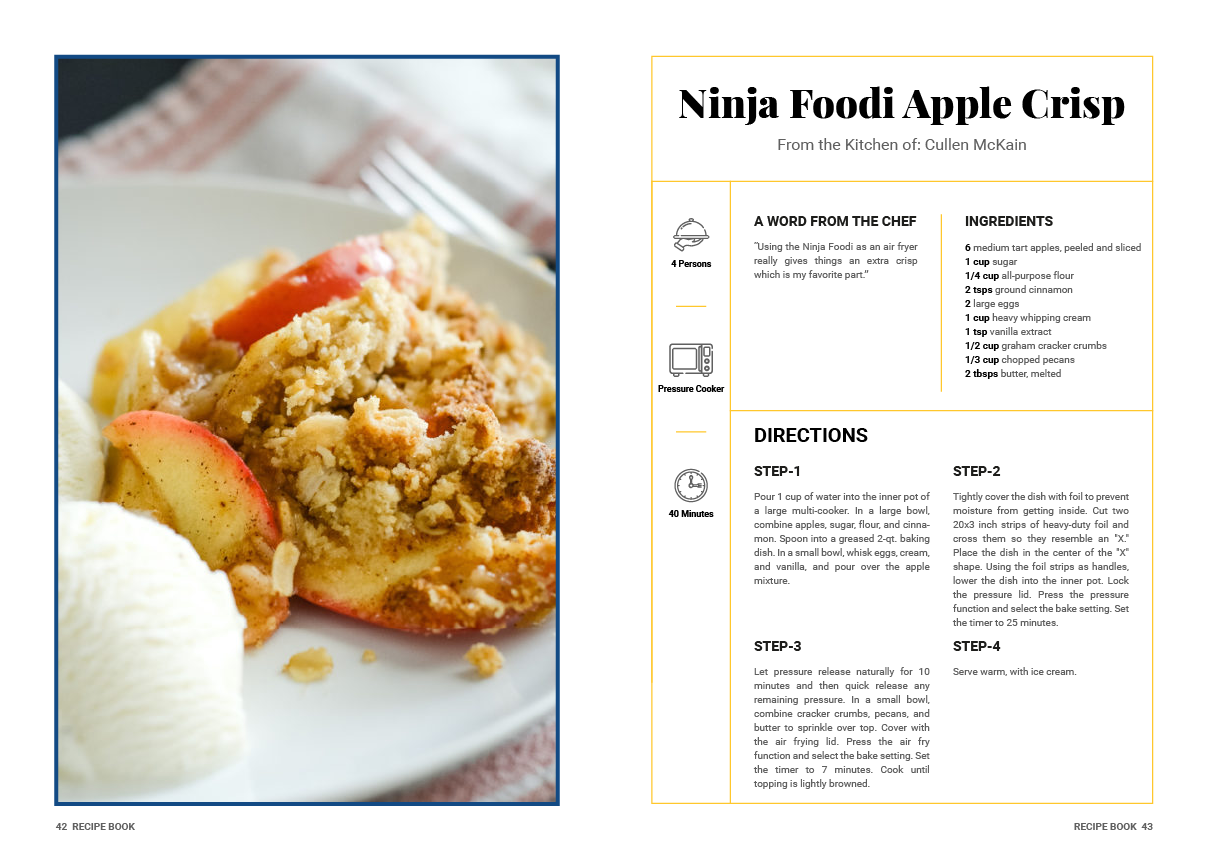 A recipe for ninja foodi apple crisp with a picture of a plate of food.