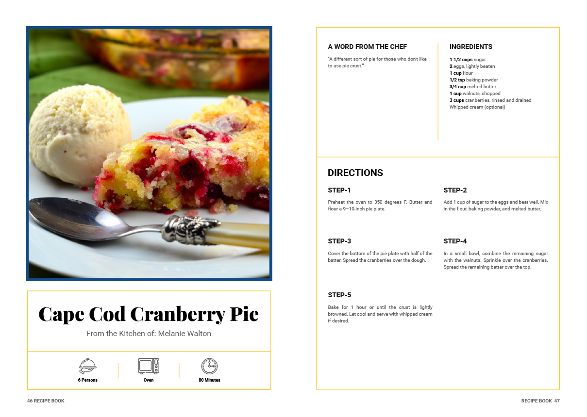 A recipe for a cape cod cranberry pie with ice cream and a spoon on a plate.