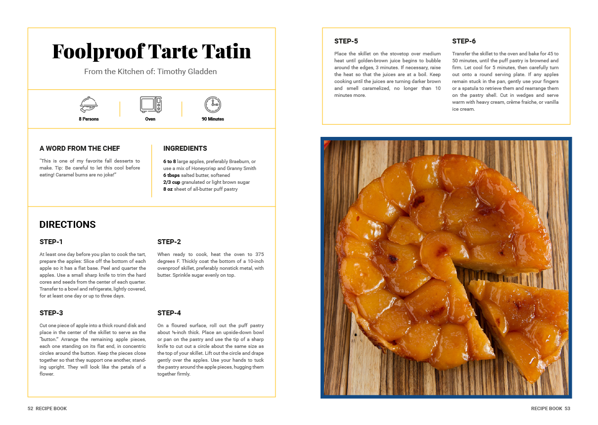 A recipe for foolproof tarte tatin with a picture of a cake on a wooden table.