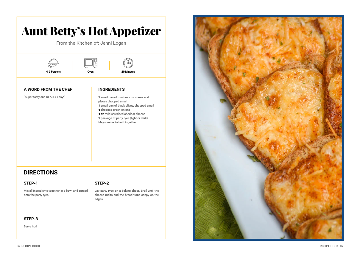 A recipe for aunt betty 's hot appetizer with a picture of a plate of food.