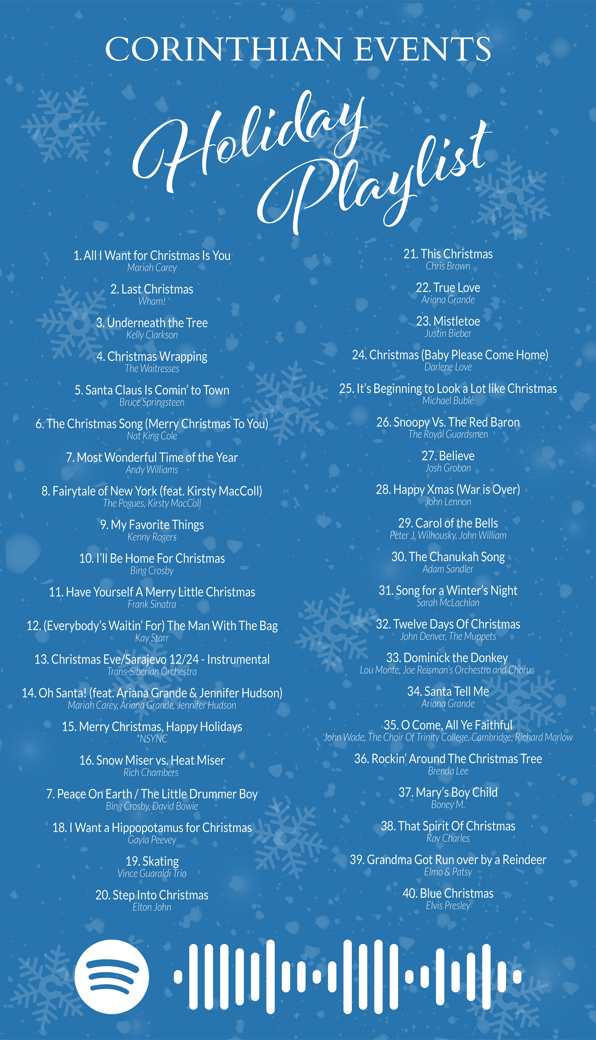 A blue background with snowflakes and the words corinthian events holiday playlist