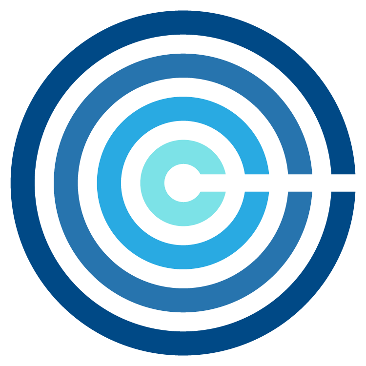 Concentric circles in shades of blue with a gap on the right, forming a stylized