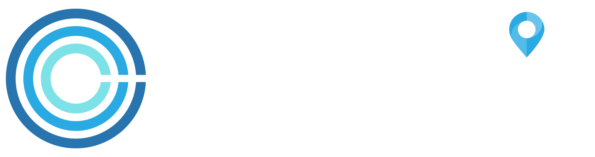 Logo with concentric circles and a location pin icon.