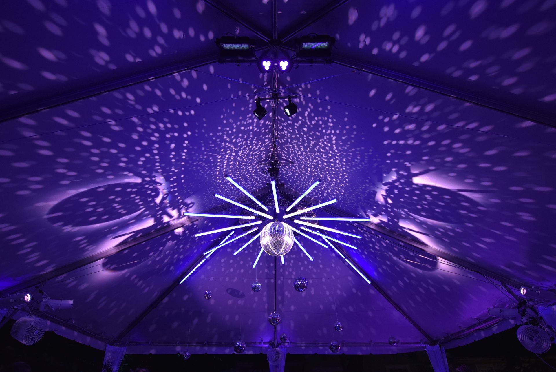 A disco ball is hanging from the ceiling of a tent.