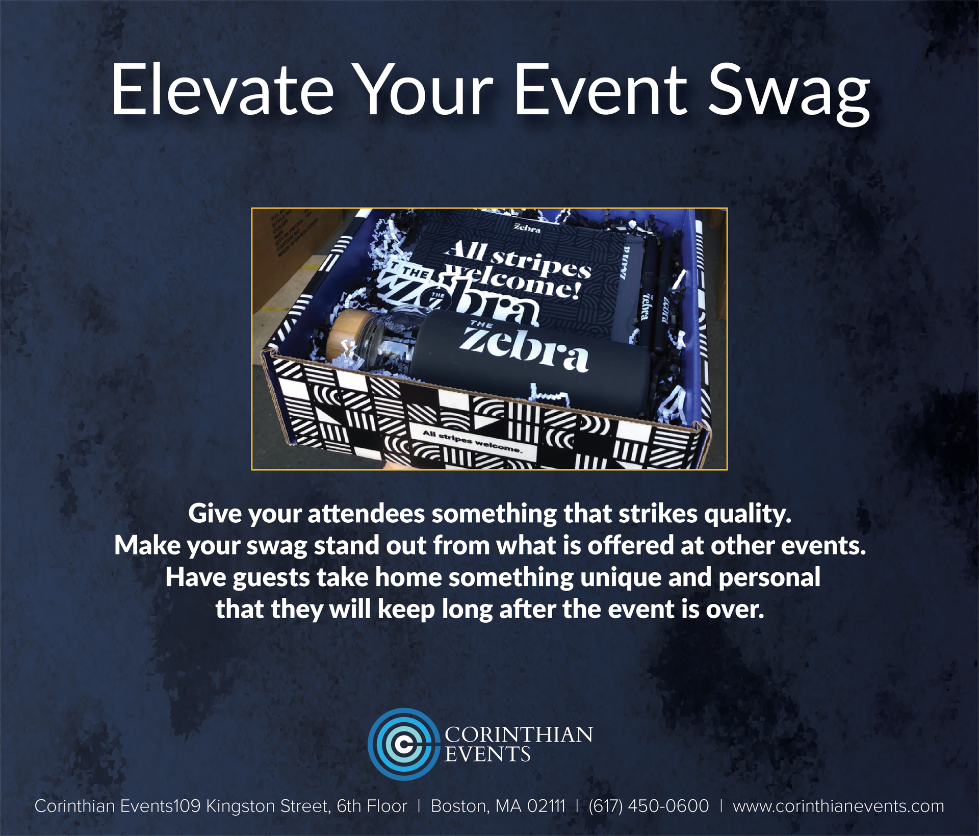 A poster that says elevate your event swag on it