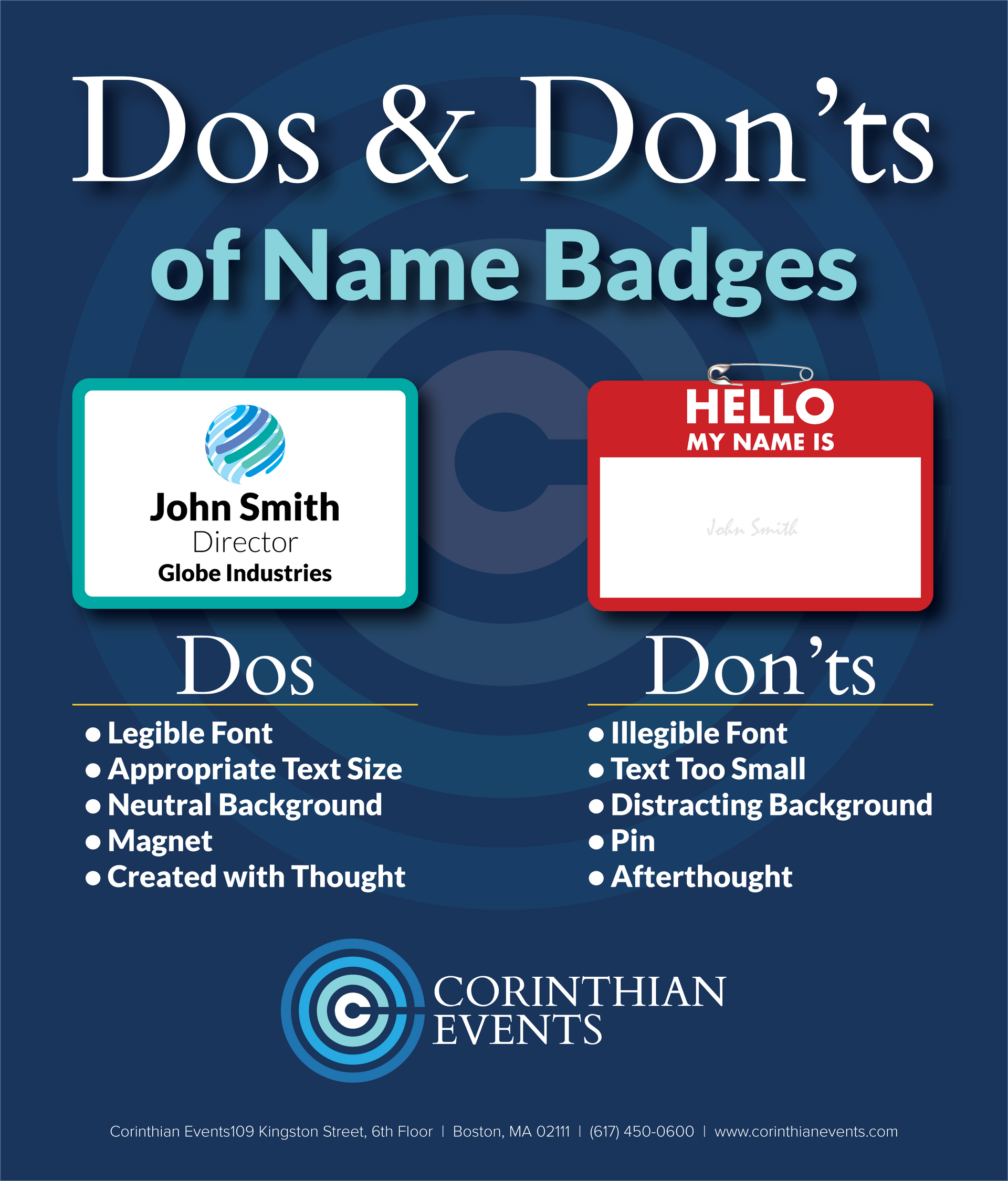A poster showing dos and don 'ts of name badges