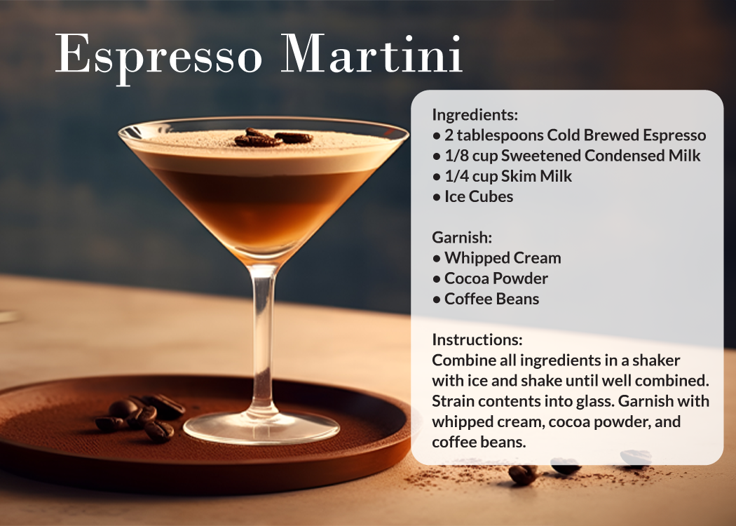 An espresso martini in a martini glass on a table