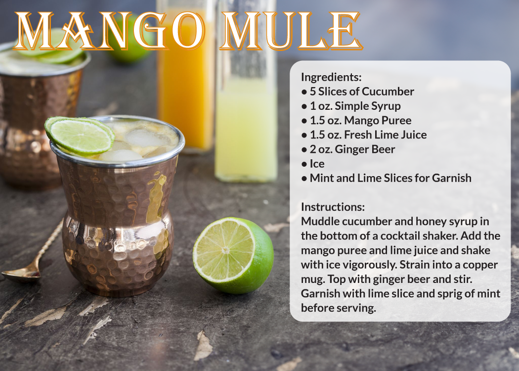 A recipe for a mango mule is displayed on a table