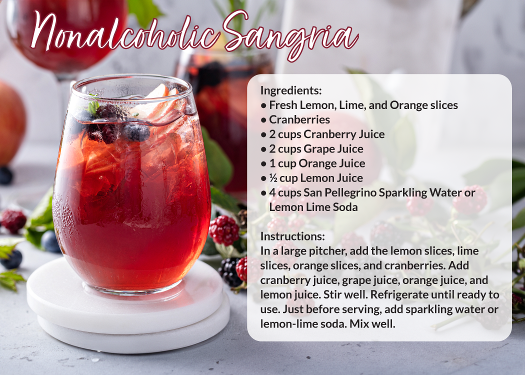 A glass of non alcoholic sangria with a recipe on it