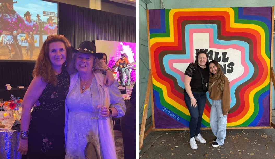Two women are posing for a picture in front of a painting of a texas flag.