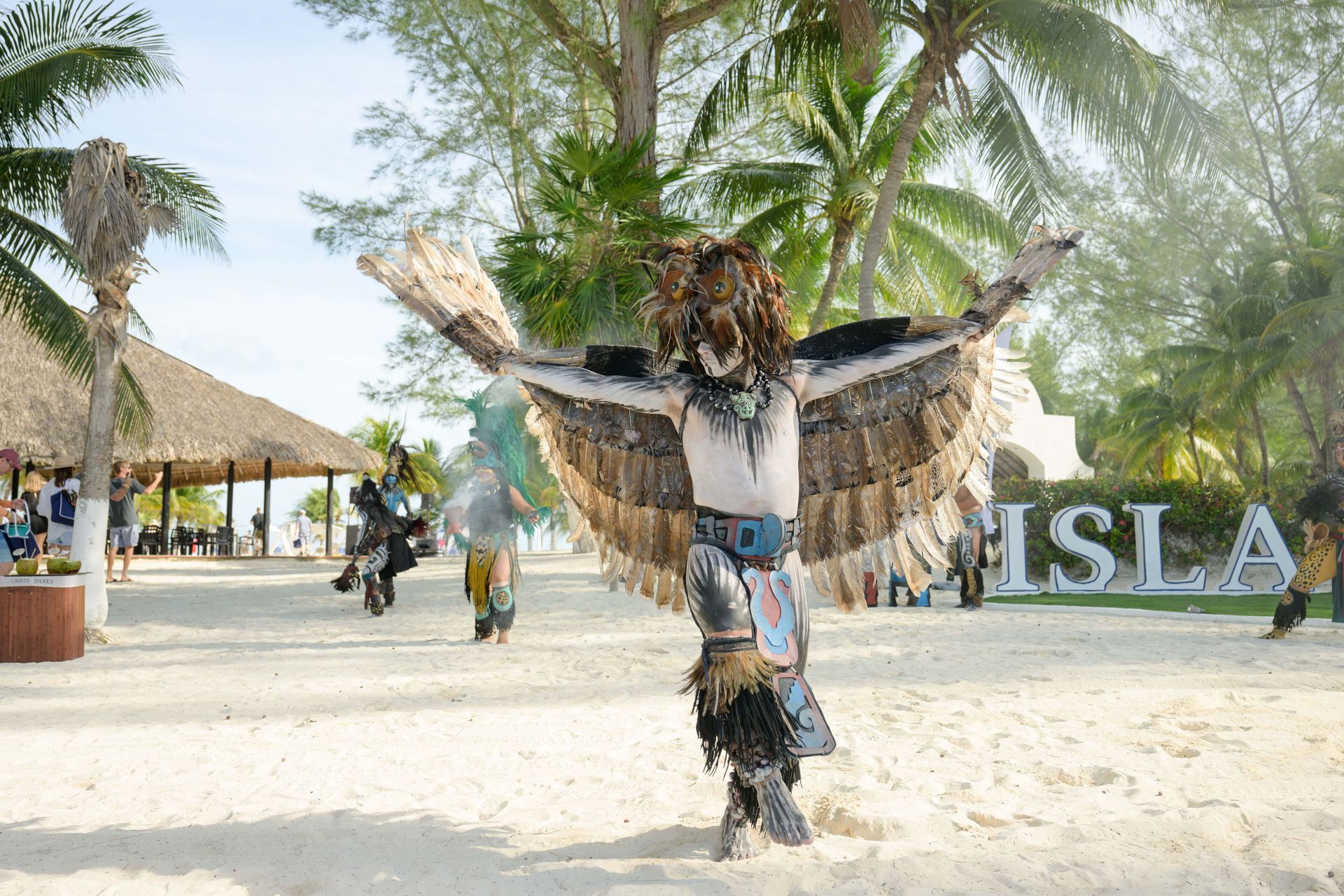 Man in elaborate bird costume dances on a beach with other performers;
