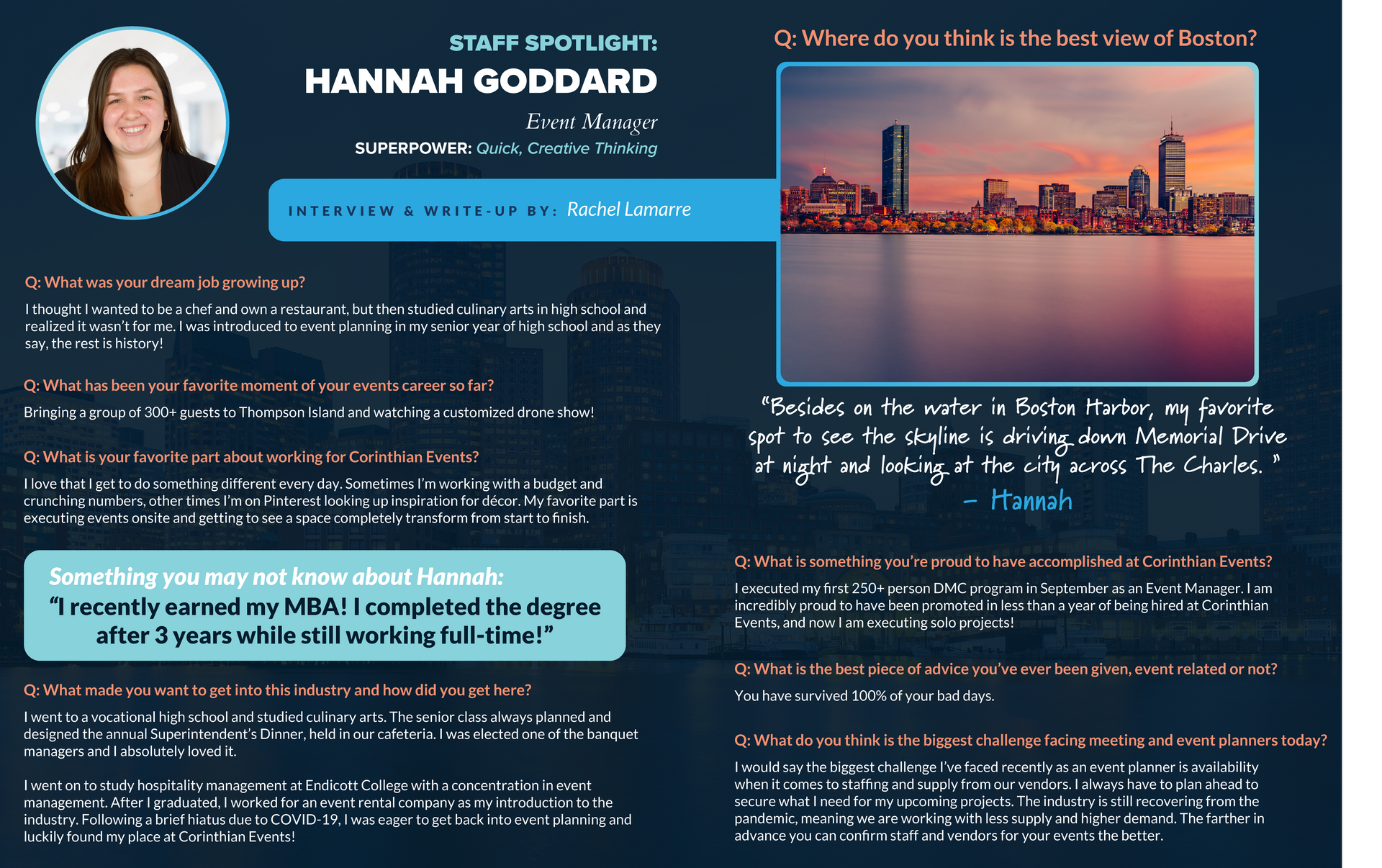 A poster for hannah goodard with a picture of a city skyline