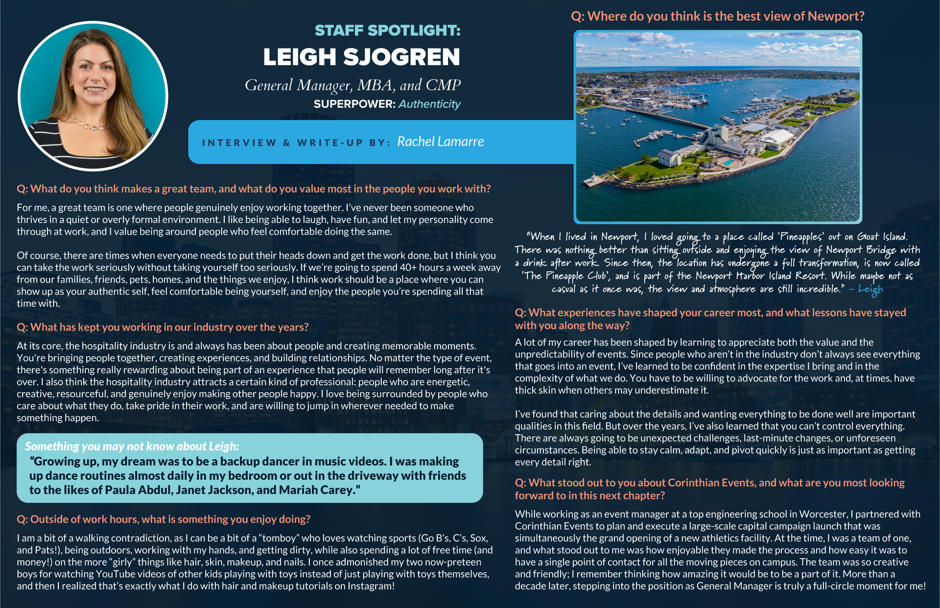 Dark blue realtor profile flyer for Leigh Sjøgren with portrait, text blocks, and waterfront aerial photo