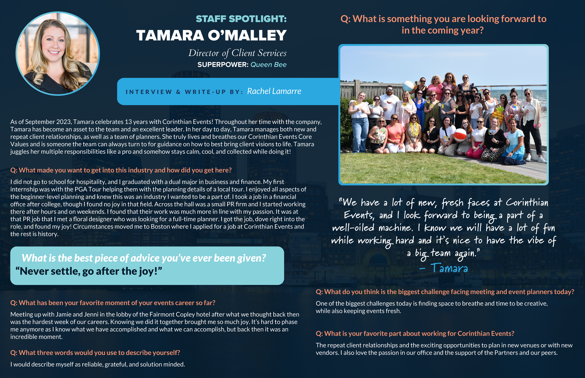 A flyer for tamara o'malley shows a group of people posing for a picture