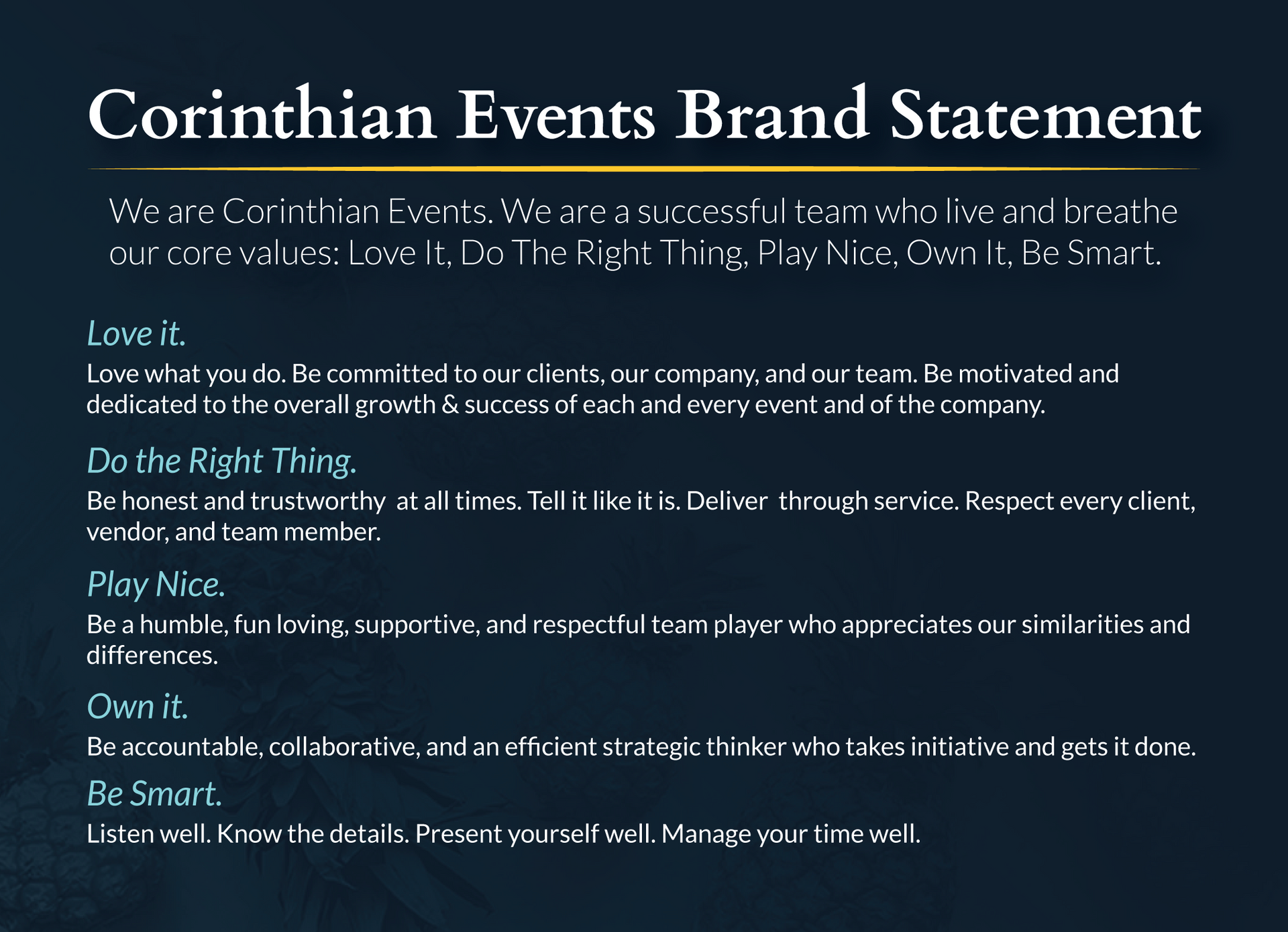 A corinthian events brand statement is displayed on a blue background