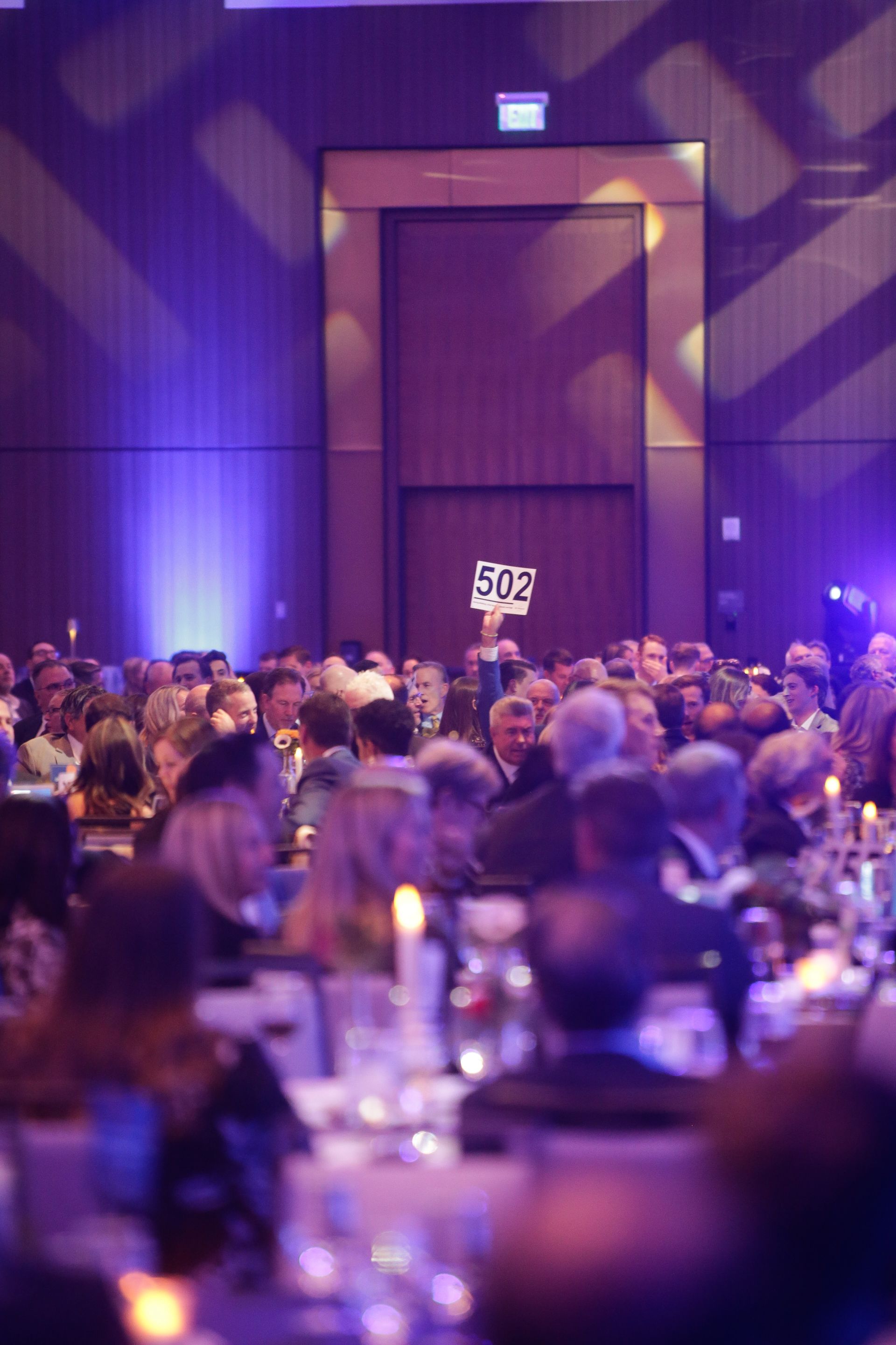Large room with tables set for a dinner, a person holds up a bidding paddle.