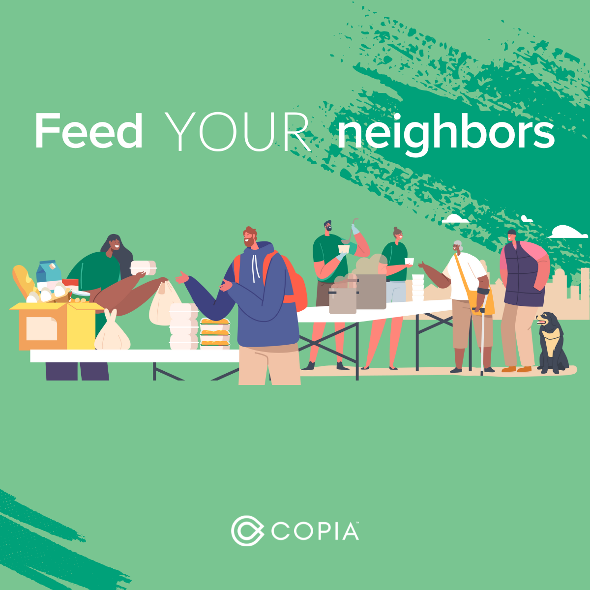 People serving food to others at an outdoor table. Green background with text