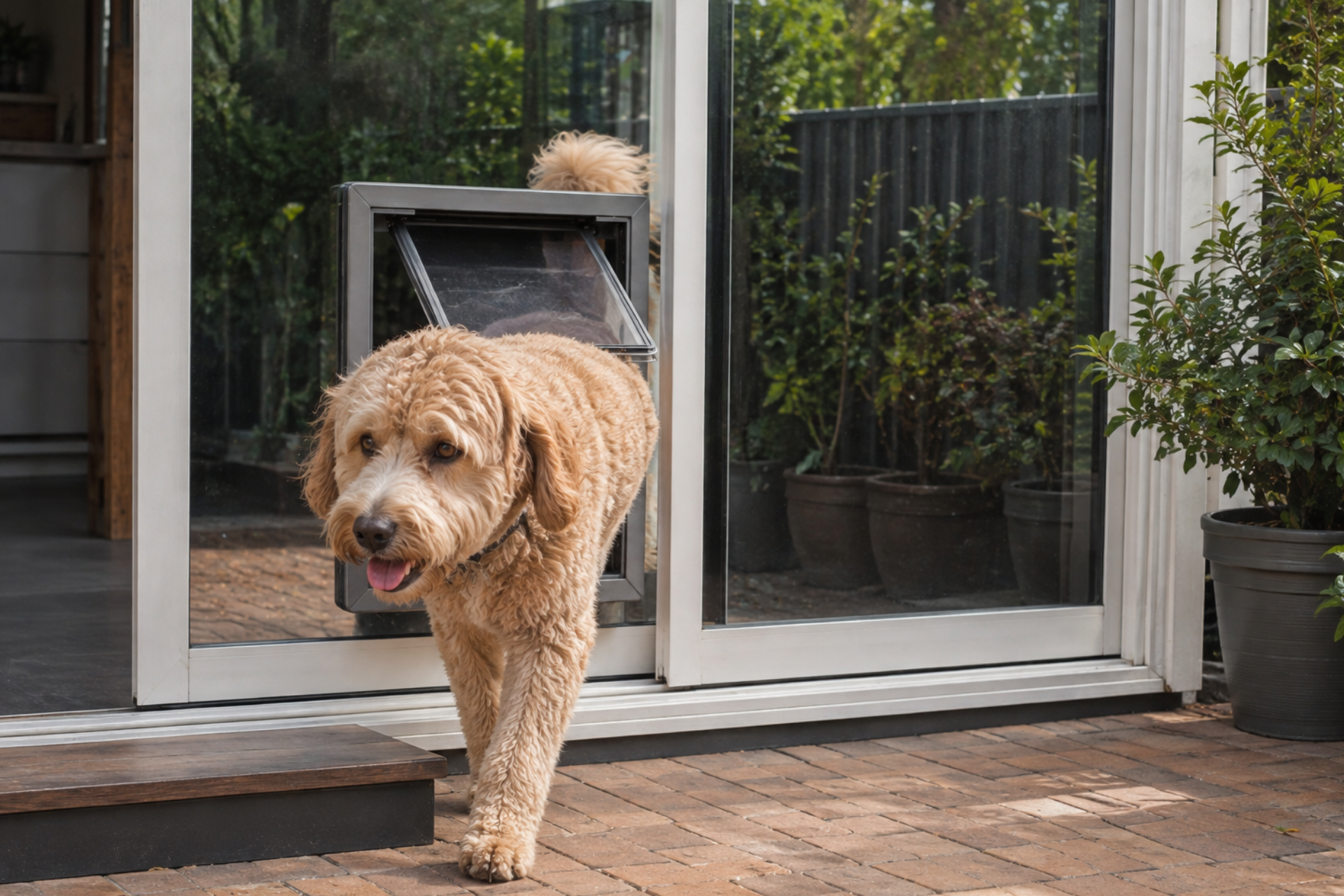 Curly-haired dog walking through a pet door fitted into a glass sliding door