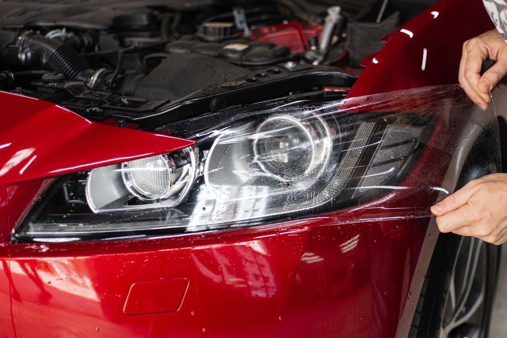 A Person Is Applying a Protective Film to The Headlight — Mahers Smash Repairs in Armidale, NSW