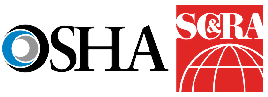 OSHA logo with the organization's initials in black and a red box with Logos for OSHA (in black text with blue/grey icon) and the Specialized Carriers & Rigging Association (S&RA) in red.
