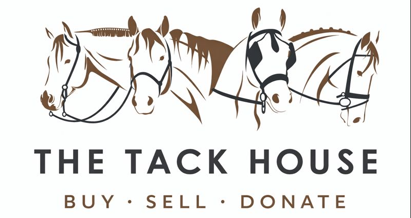 Four horse heads with bridles above text: "THE TACK HOUSE" and "BUY · SELL · DONATE."