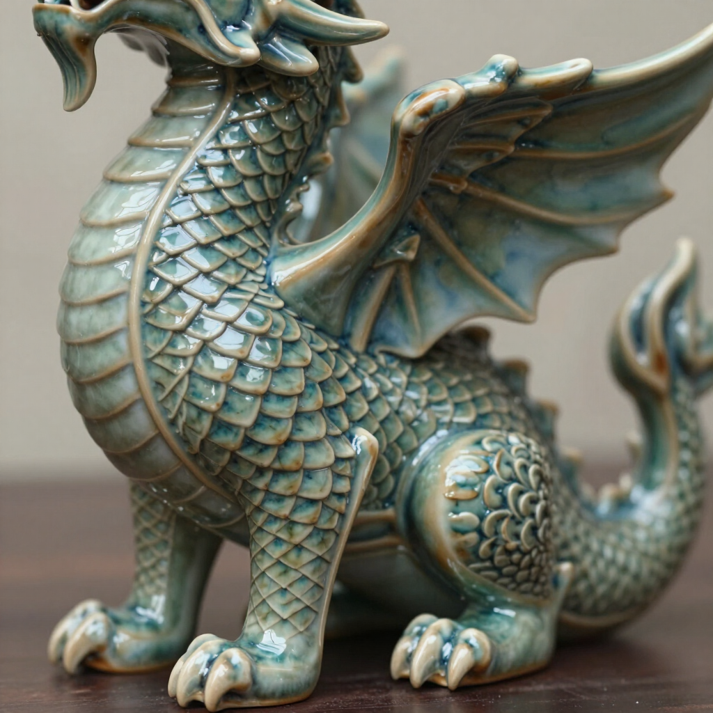 A ceramic dragon figurine with teal and blue glazed scales, posed in a sitting position on a wooden surface.