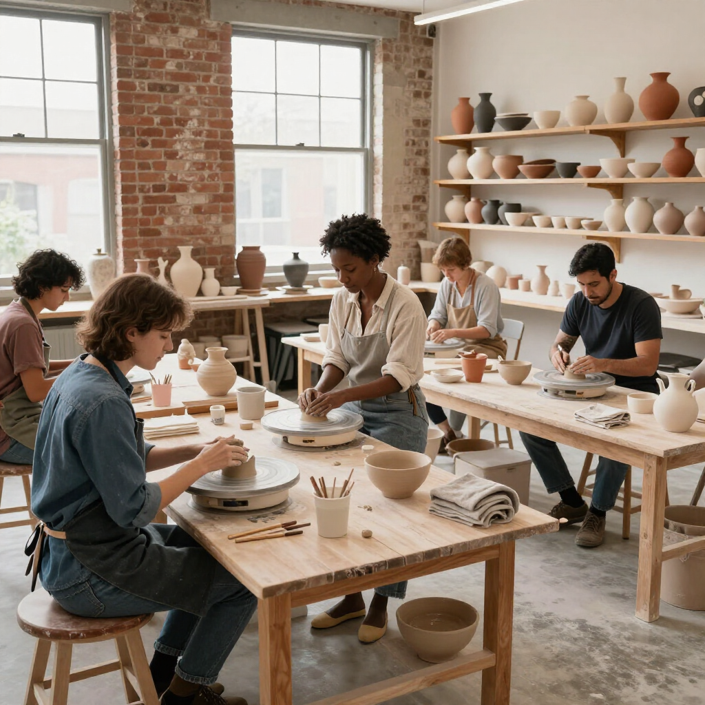 People work at pottery wheels in a light-filled studio with shelves of ceramic vessels lining the brick walls.