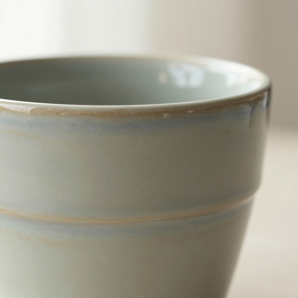 A close-up of a light blue ceramic cup with a visible rim and a horizontal groove, set against a blurred background.