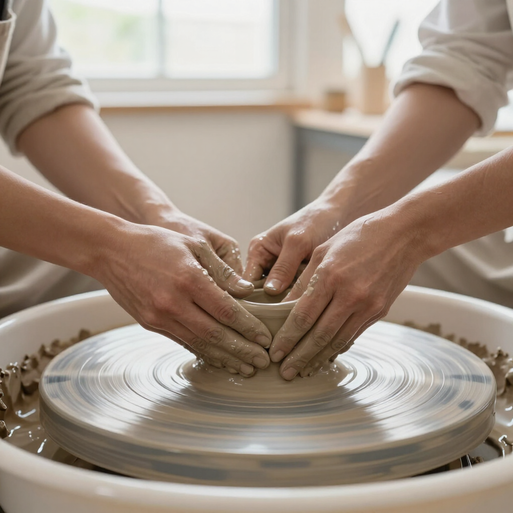 Two pairs of hands work together to shape wet clay on a spinning pottery wheel in a bright workshop.