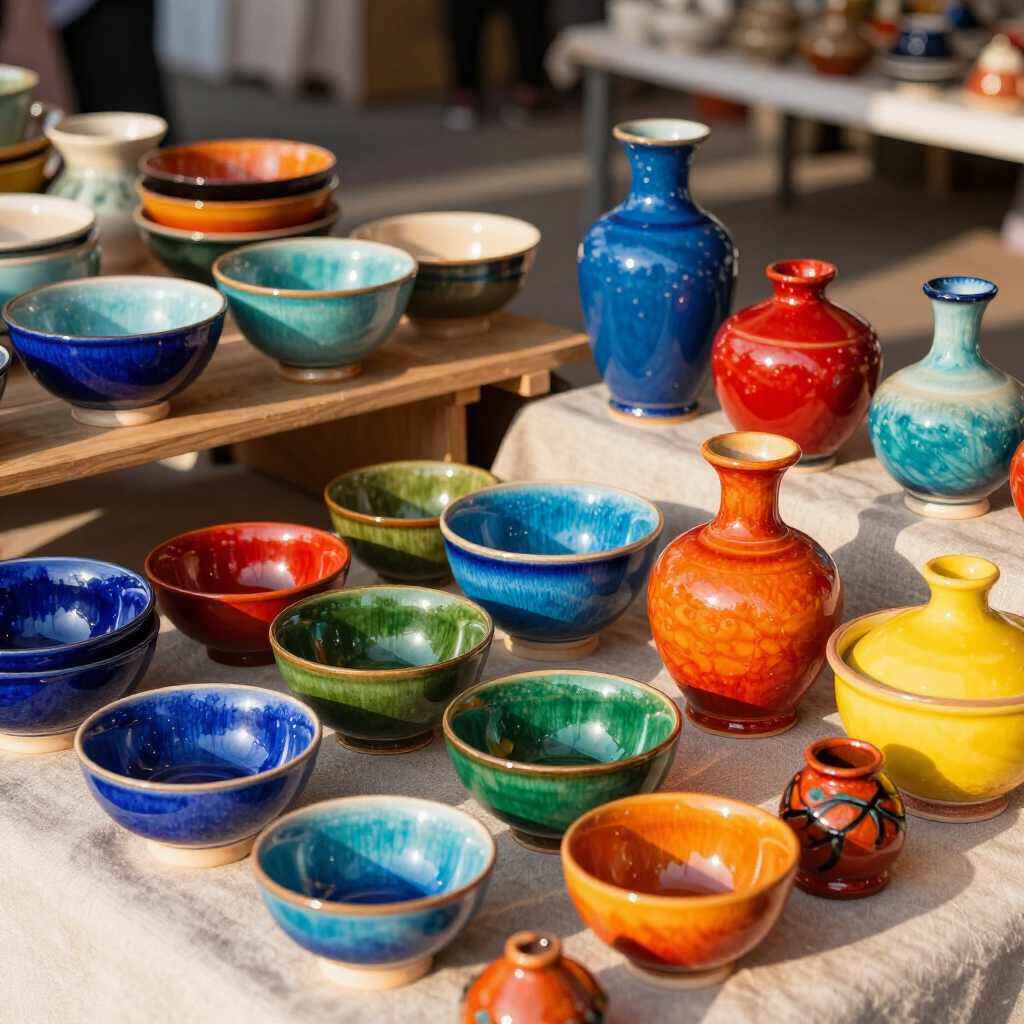 A collection of colorful, glazed ceramic bowls and vases displayed on a wooden stand and a table covered with cloth.