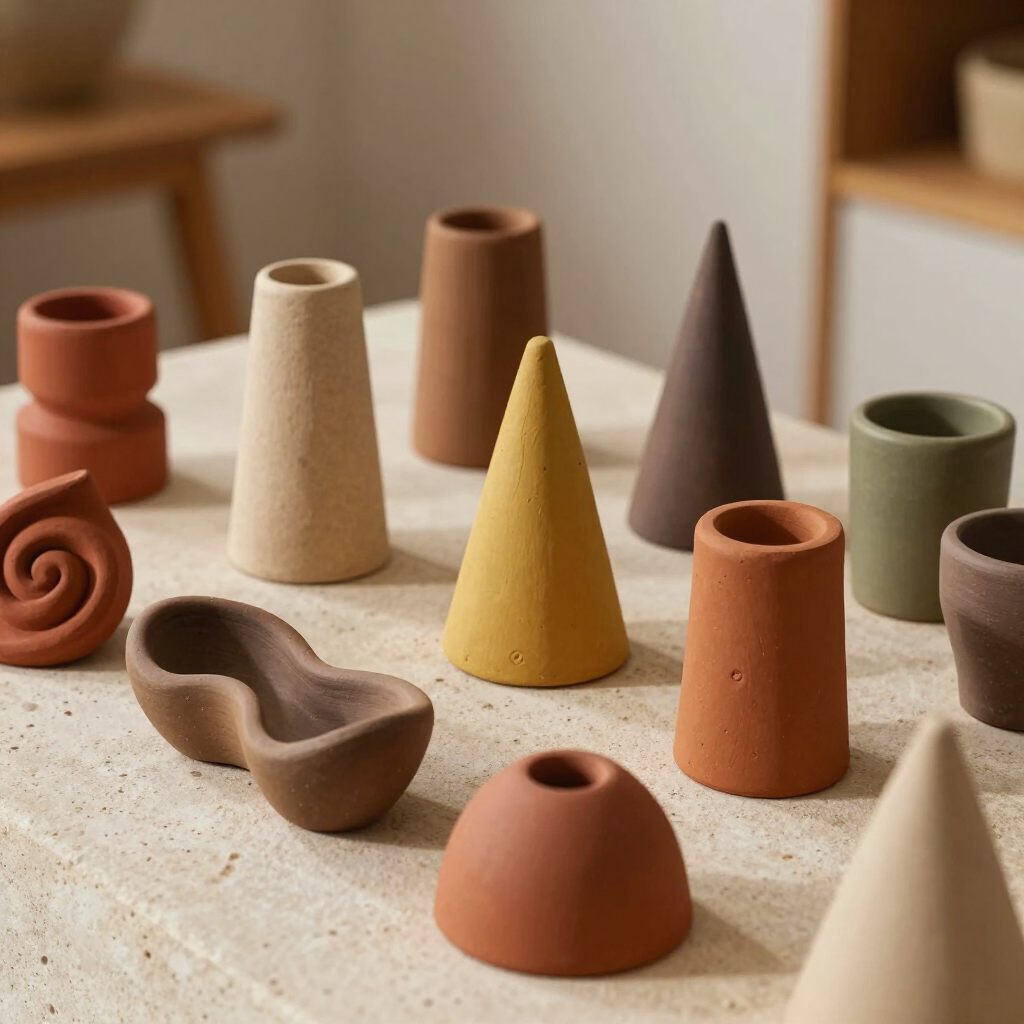 A collection of small, minimalist geometric ceramic incense holders in various earth tones and shapes on a stone surface.